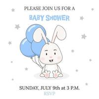 baby douche partij uitnodiging sjabloon. schattig konijn karakter met blauw ballonnen geïsoleerd Aan wit achtergrond. konijn vector illustratie.