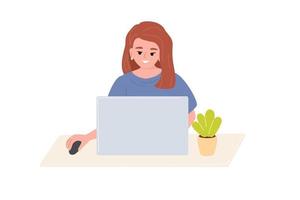 een jong vrouw is zittend Bij een tafel en werken Aan een laptop. de concept van werken Bij huis of in de kantoor. vlak vector illustratie.