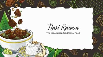 hand- getrokken nasi rawon de Indonesisch traditioneel voedsel achtergrond vector