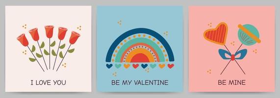 reeks van groet kaarten gelukkig Valentijnsdag dag, uitnodigingen, verklaring van liefde. plein Sjablonen met snoepjes, harten, rozen, regenboog. vector illustratie met tekst.