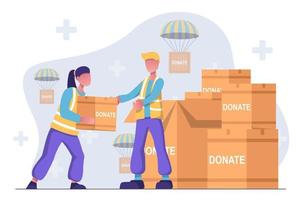 humanitair organisatie. vrijwilligers verzamelen humanitair hulp. vector