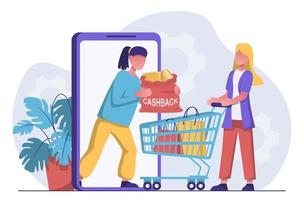 een vrouw krijgt een cashback van een op te slaan of bank voor boodschappen doen vector