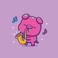 schattig varken saxofoon spelen cartoon vector pictogram illustratie. dieren muziek. pictogram concept geïsoleerde premie vector. platte cartoonstijl