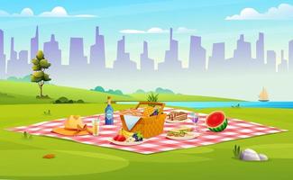 picknick opstelling samengesteld van mand met voedsel, fruit, boterhammen in de park vector illustratie