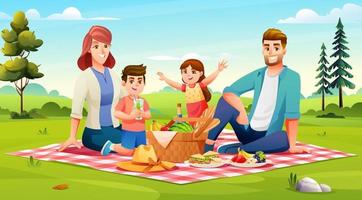 gelukkig familie hebben een picknick in de park. pa, mama, zoon, dochter zijn resting samen in natuur vector illustratie