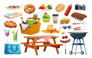 picknick elementen set. mand met voedsel, drank, fruit, grillen uitrusting vector illustratie