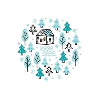 winter illustratie met schattig klein huis, bomen, sneeuwvlokken vector
