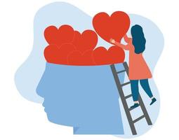 mentaal Gezondheid en liefde concept. een meisje of vrouw vult een menselijk hoofd met harten en positief emoties. illustratie van wereld mentaal Gezondheid dag, psychologisch behandeling en behandeling. vector voorraad