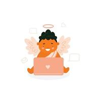 schattig Cupido dating flirten online. eros karakter gebruik makend van laptop Bezig met verzenden liefde mails. vector illustratie voor st. Valentijnsdag dag, daten, liefde apps concept.