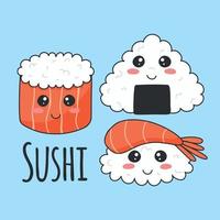 schattig sushi in kawaii stijl. vector illustratie. Aziatisch voedsel. Zalm sushi, onigiri en garnaal sushi. sushi karakters.