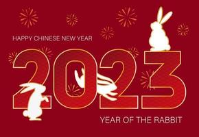 Chinese nieuw jaar groet kaart met 2023 aantal en wit konijnen, met Aziatisch patroon en vuurwerk Aan de achtergrond. vector uitnodiging, groet, poster, banier voor viering evenementen.