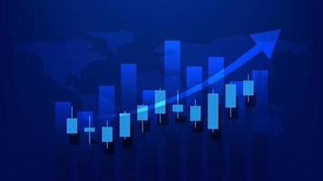 financiële bedrijfsstatistieken met staafdiagram en kandelaargrafiek tonen beurskoers en effectief verdienen op blauwe achtergrond vector