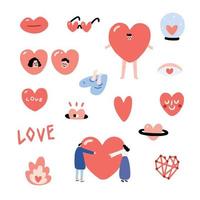 reeks van valentijnsdag hand- getrokken vector illustratie met een lippen, ogen, zonnebril, glas bal, gat, , Mens, meisje, mensen knuffel, lettertype, aansluiten punt, kostuum, smiley, vuur, planeet. hart karakter set.