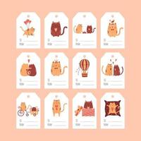 een reeks van geschenk tags met schattig tekenfilm katten voor Valentijnsdag dag. een verzameling van Cadeau etiketten met illustraties en de woorden tot, van. kleur vector illustraties Aan een wit achtergrond.