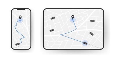 de route van de auto Aan de apparaat kaart. op reis door auto. afstand volgen. vector illustratie