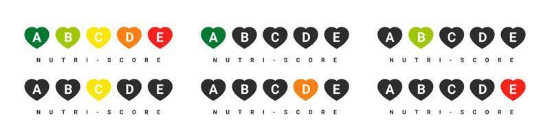 nutri-score harten pictogrammen. voedsel beoordeling systeem tekens. Gezondheid zorg voeding indicator. nutri-score stickers. vector illustratie