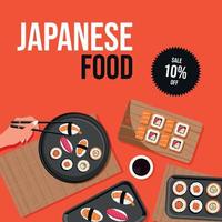 sjabloon voor reclame een Japans restaurant Aan sociaal netwerken. meisje aan het eten broodjes, ramen soep en sushi Aan rood achtergrond. poster, banier, uitverkoop. vector