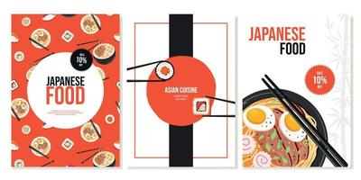 reeks van flyers, posters met Japans voedsel, broodjes, ramen soep. menu, voedsel concept, restaurant reclame. banier, promo, korting, uitverkoop. vector