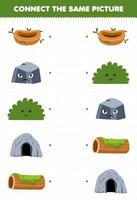 onderwijs spel voor kinderen aansluiten de dezelfde afbeelding van tekenfilm nest rots struik grot hout log afdrukbare natuur werkblad vector