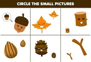 onderwijs spel voor kinderen cirkel de klein afbeelding van schattig tekenfilm eikel- esdoorn- blad hout log dennenappel Afdeling afdrukbare natuur werkblad vector