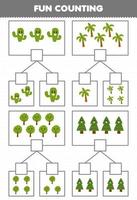 onderwijs spel voor kinderen pret tellen afbeelding in elk doos van schattig tekenfilm boom afdrukbare natuur werkblad vector