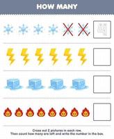 onderwijs spel voor kinderen tellen hoe veel schattig tekenfilm sneeuwvlok donder ijs brand en schrijven de aantal in de doos afdrukbare natuur werkblad vector