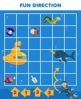 onderwijs spel voor kinderen pret richting helpen schattig tekenfilm duiker Actie volgens naar de getallen Aan de pijlen afdrukbare onderwater- werkblad vector