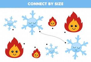 leerzaam spel voor kinderen aansluiten door de grootte van schattig tekenfilm brand en sneeuwvlok afdrukbare natuur werkblad vector