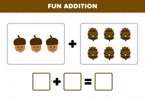 onderwijs spel voor kinderen pret toevoeging door tellen schattig tekenfilm eikel- en dennenappel afbeeldingen afdrukbare natuur werkblad vector