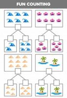 onderwijs spel voor kinderen pret tellen afbeelding in elk doos van schattig tekenfilm Golf koraal zand eiland afdrukbare natuur werkblad vector