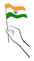 Indisch onafhankelijkheid dag. vrouw hand- voorzichtig houdt de klein vlag van Indië met haar vingers. vakantie ontwerp element. vector Aan een wit achtergrond