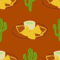 naadloos patroon met traditioneel Mexicaans voedsel nacho's met guacamole illustratie met cactus vector