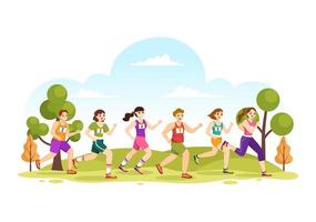 marathon ras illustratie met mensen rennen, jogging sport toernooi en rennen naar bereiken de af hebben lijn in vlak tekenfilm hand- getrokken sjabloon vector