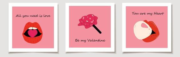 reeks van Valentijnsdag dag kaarten met reeks van drie schattig vector liefde stickers lolly, mond ,lippen. liefde, Valentijnsdag dag.