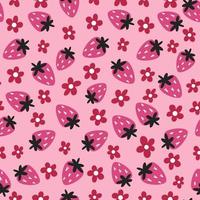 naadloos patroon met magenta bloemen en aardbeien in een vlak stijl vector