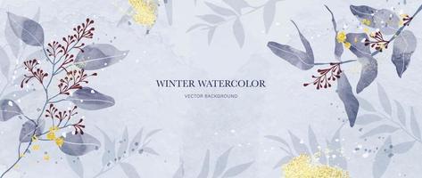 winter botanisch waterverf blad takken achtergrond vector illustratie. hand- geschilderd waterverf winter wild gebladerte en goud borstel textuur. ontwerp voor poster, behang, banier, kaart, decoratie.