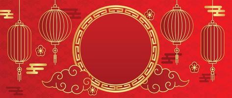 oosters Japans en Chinese luxe stijl patroon achtergrond vector. gouden lantaarn, bloem, cirkel kader en wolk Aan Chinese patroon rood achtergrond. ontwerp illustratie voor behang, kaart, poster. vector