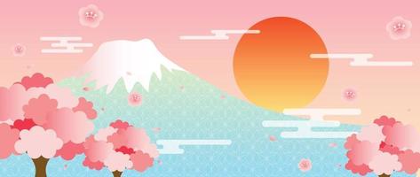Japans achtergrond vector illustratie. gelukkig nieuw jaar decoratie sjabloon pastel kleur oosters landschap, fuji berg met Japans patroon stijl. ontwerp voor kaart, behang, poster, spandoek.