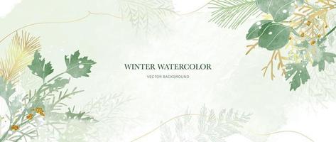 winter botanisch waterverf blad takken achtergrond vector illustratie. hand- geschilderd winter wild gebladerte, pijnboom bladeren en goud borstel textuur. ontwerp voor poster, behang, banier, kaart, decoratie.