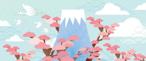 Japans achtergrond vector illustratie. gelukkig nieuw jaar decoratie sjabloon pastel Japans patroon stijl met kraan vogel, bomen, wolk en monteren fuji. ontwerp voor kaart, behang, poster, spandoek.