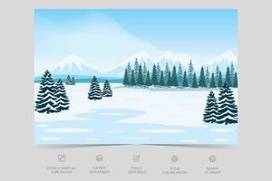 horizon natuur tafereel platteland met Woud meer kant visie. berg groen vallei tafereel. winter seizoen toneel- visie. dorp Aan rivier, berg winter natuur landschap vector illustratie.