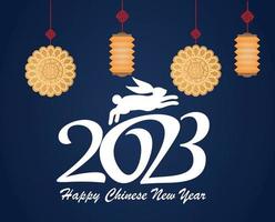 gelukkig Chinese nieuw jaar 2023 jaar van de konijn goud en wit abstract ontwerp illustratie vector met blauw achtergrond