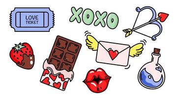 vector reeks van valentijnsdag stickers. st valentijnsdag dag stickers verzameling. lippen, aardbei, envelop, liefde toverdrank, chocola, cupido's pijl. stickers voor laptop, telefoon, afdrukbare patroon.