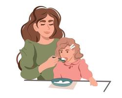 mam feeds haar dochter met een lepel Bij de tafel. kind zorg, moederschap. vector