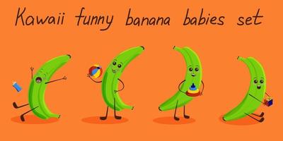 schattig baby banaan karakter met grappig gezicht. schattig en grappig grappig stijl. vector vlak tekenfilm karakter illustratie. geïsoleerd icoon ontwerp Aan oranje achtergrond.