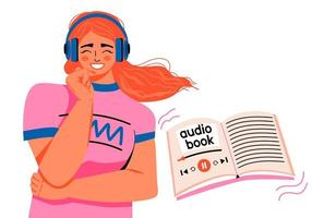 vrouw in draadloze hoofdtelefoons luisteren naar audio boek online. concept van online aan het leren. internet bibliotheek. vector illustratie