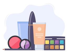 decoratief cosmetica, mooi samenstelling. alles voor maken omhoog. oog schaduw, mascara, nagel Pools, fundament, borstel, lippenstift, room kunstmatig potlood. vector illustratie.