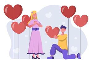 liefde. een Mens geeft zijn hart naar een vrouw. ballonnen in de vorm van harten Aan de terug vector