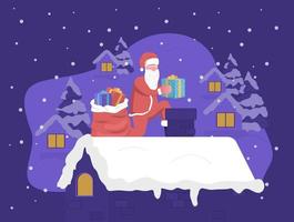 de kerstman claus met een geschenk klimt in de schoorsteen Aan de dak van de huis, De volgende naar de zak van geschenken, met de winter dorp in de achtergrond vector