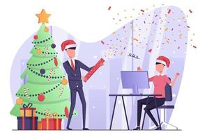 zakenman slagen omhoog confetti popper in kantoor, team viert nieuw jaar en Kerstmis vector
